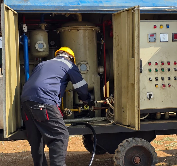 KELM technician operating transformer oil treatment equipment